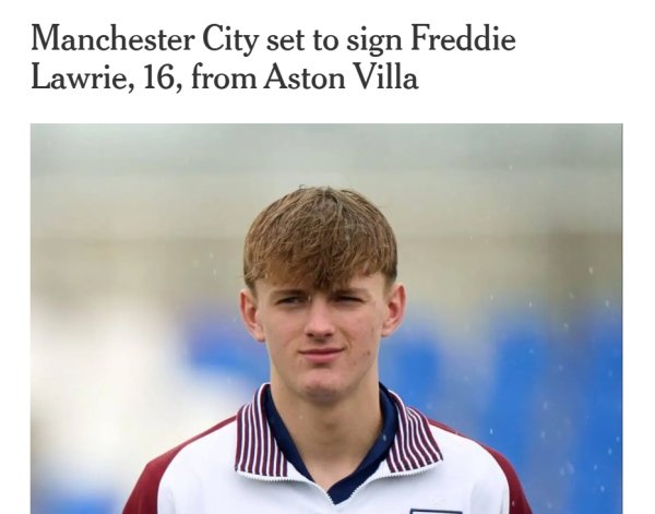 TA: Manchester City will sign Villa 16-year-old midfielder Freddy Laurie