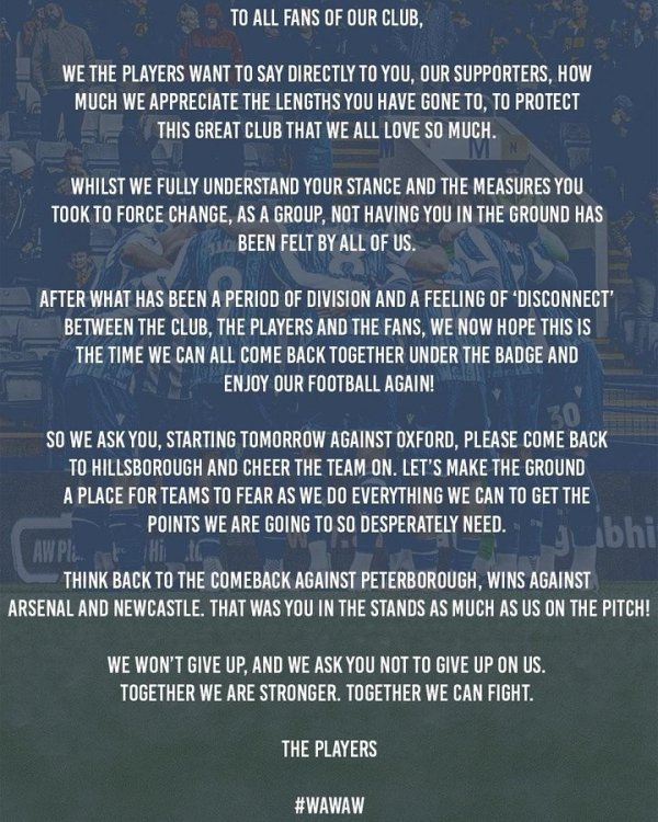 Bottom of the Championship! Sheffield Wednesday issued an open letter calling on fans to support: I hope everyone can come and cheer.