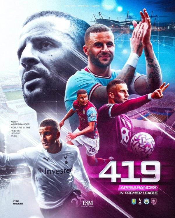 419 games! Walker became the right back with the most appearances in Premier League history, and the players celebrated by posting posters on social media