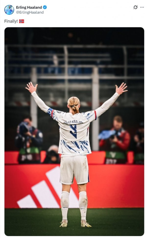 Ushering in the first major competition of his national team career ⚽ Haaland celebrates qualifying for the World Cup on social media: Finally!